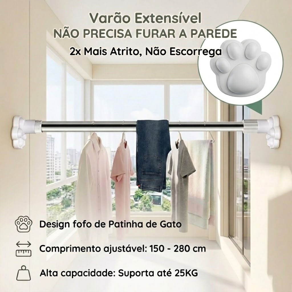 Varão Extensivel Sem Furar Parede Patinha de Gato Suporta 25kg SEM FUROS Suporte Cortina Extensível 2X Mais Firme