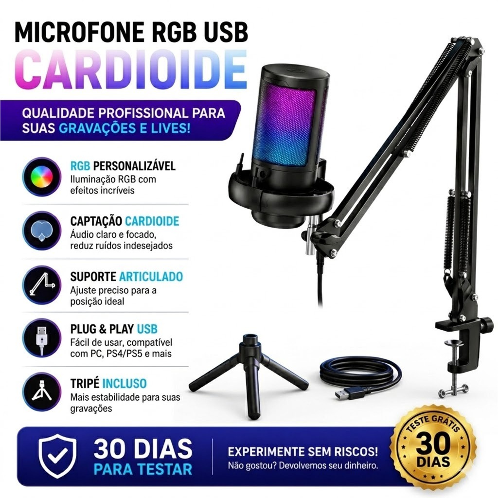 USB Cardioid Rgb Condenser Microphone for Pc Gamer and Recording