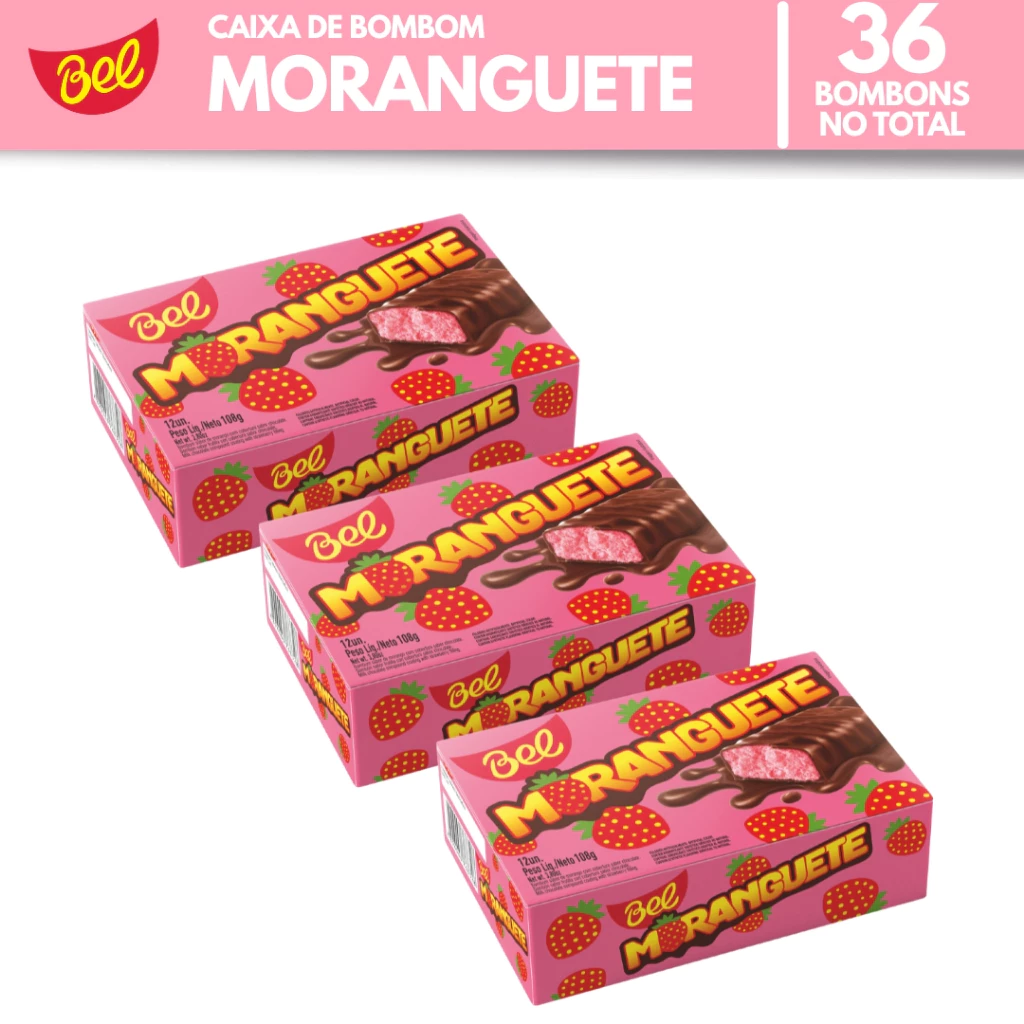 Kit 3x Caixas Bombom Moranguete com 12un de 9g Bel Sabor Morango com Cobertura Sabor Chocolate — imagem 1