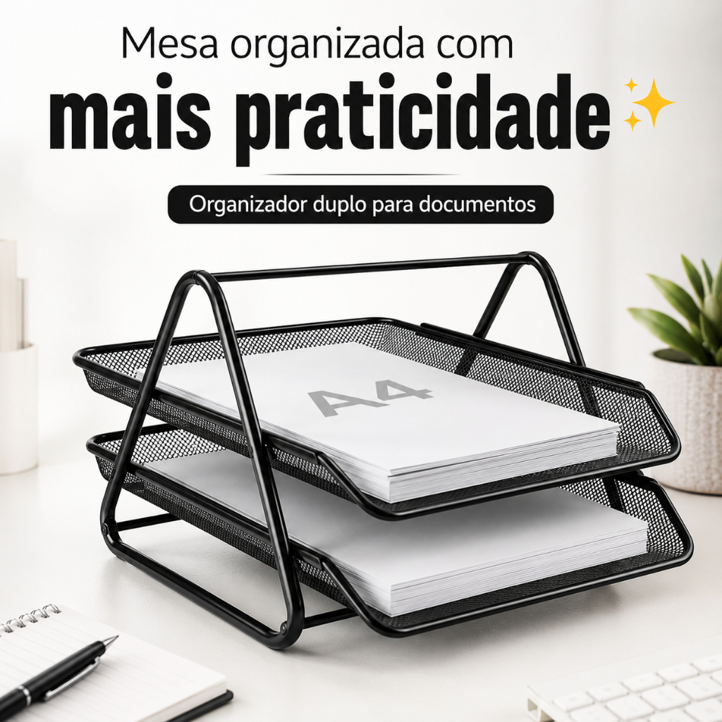 Organizador de Mesa Escritório Duplo Metal Aramado Porta Documentos Caixa Correspondência 2 Bandejas Preto