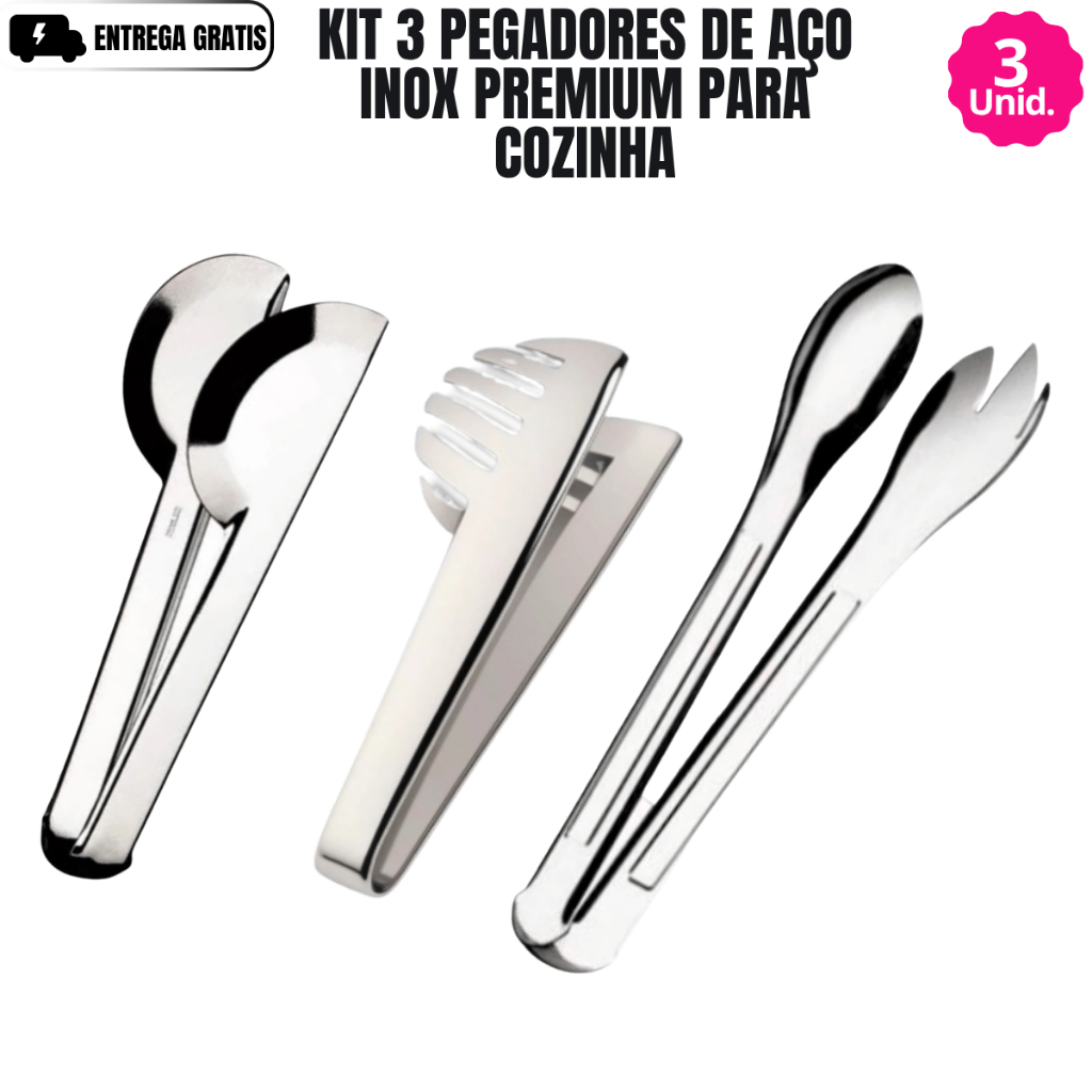 Kit 3 Pegadores De Aço Inox Premium Para Cozinha Churrasco Frios | Universal Massa e Salada