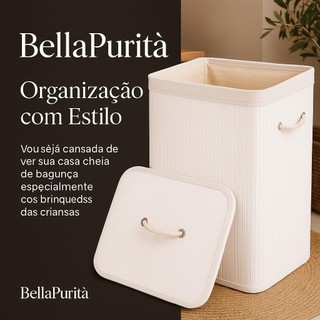 Cesto de Roupa Organizador Bambu 70L Com Alças e Tampa Branco grande cesto decorativo cesto de bambu