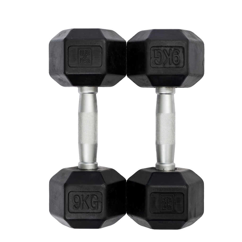 Conjunto 2 Halteres de 9kg Sextavados Emborrachados Vulcanizados Academia Musculação Peso Dumbell - (2 Unidades)
