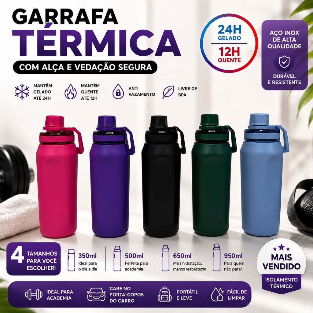 Garrafa Térmica Inox com Alça 350ml 500ml 650ml 950ml Anti Vazamento