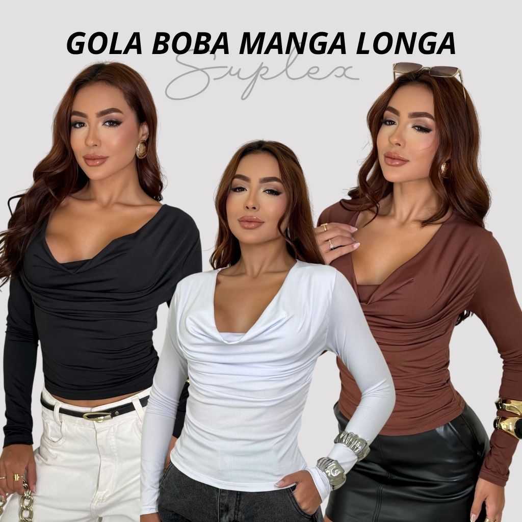 Blusa Feminina Gola Boba Manga Longa Suplex Light Social Elegante Tendência Inverno Camiseta Casual