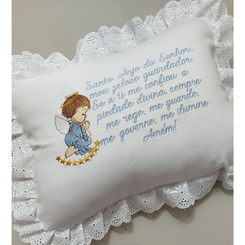 Almofada Santo Anjo Travesseiro Bordada Decoração Quarto de bebê Oração nome