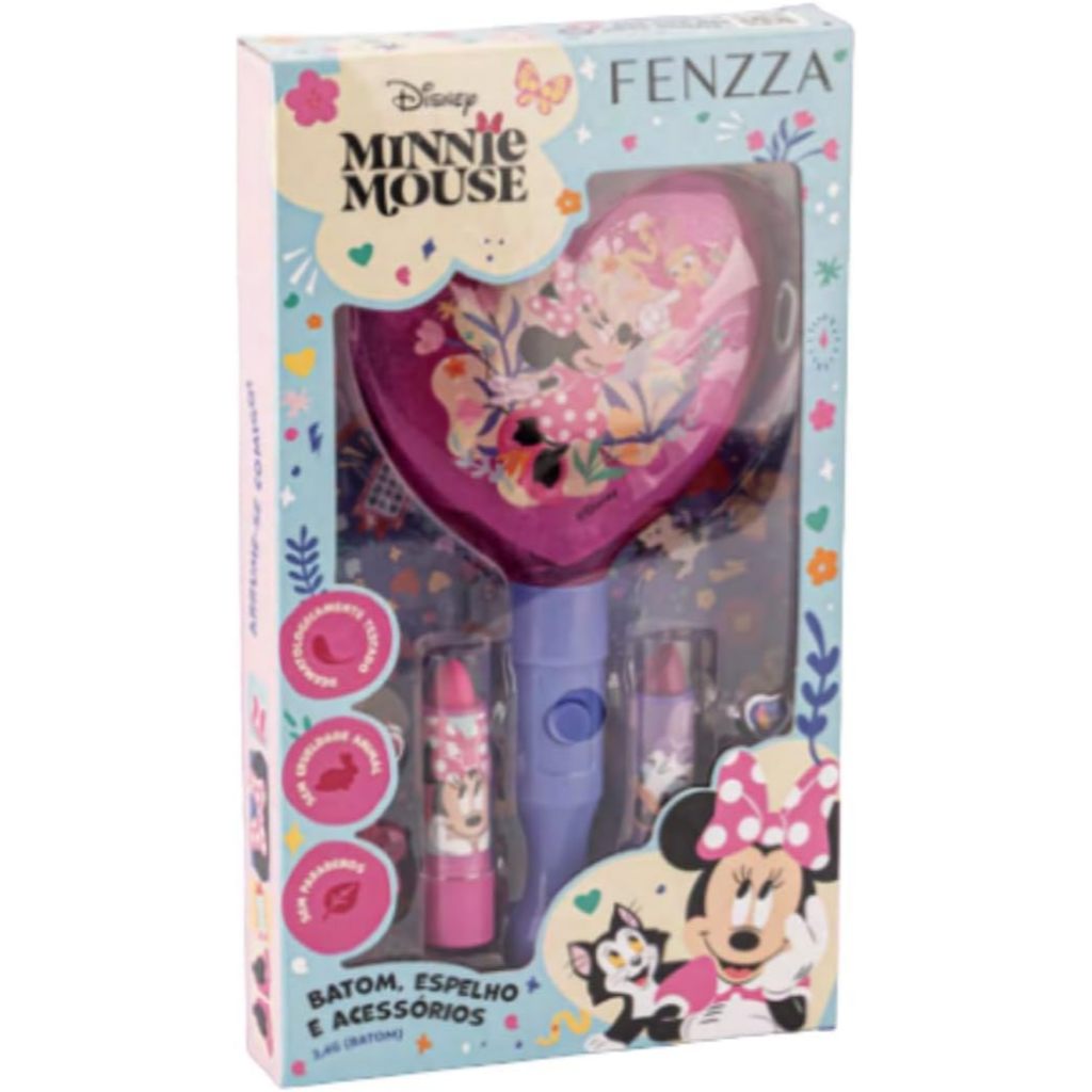 Kit Maquiagem Infantil - Paleta de Batom, Espelho com Led e Acessórios Minnie - Fenzza Licenciado