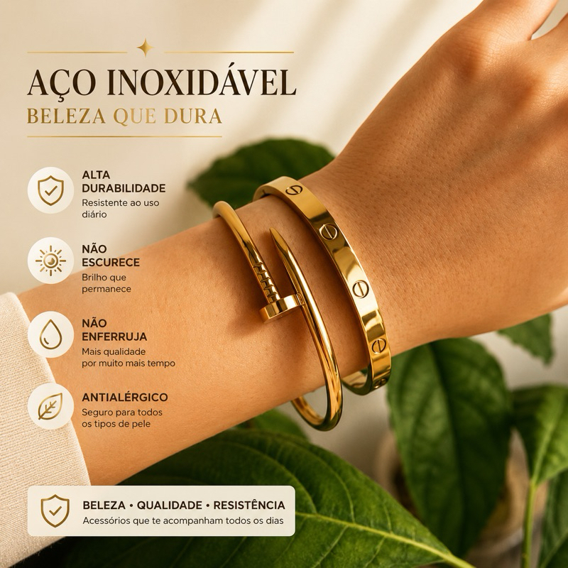 Bracelete Prego e Love em Aço Inox Dourado ou Prata | Kit ou Unidade | Pulseiras femininas Virginia
