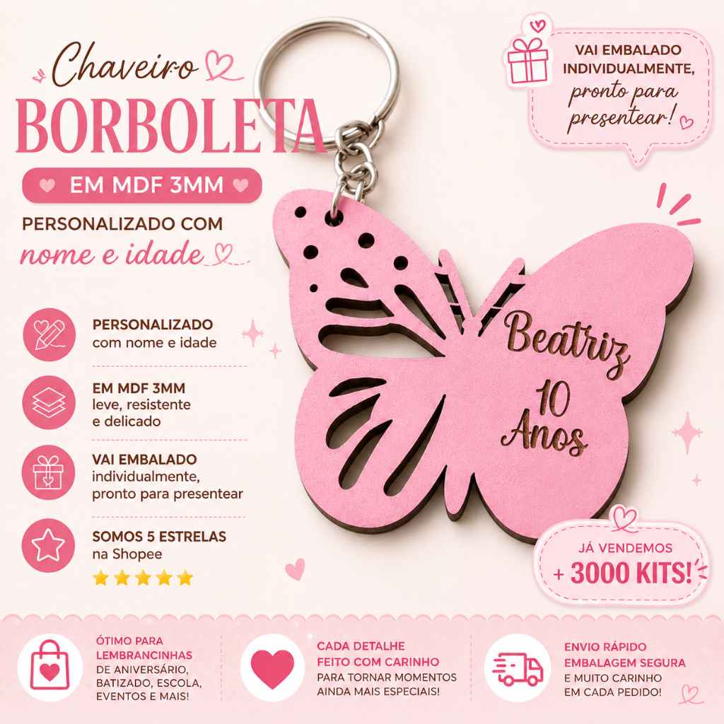 Kit de Chaveiros Borboleta em MDF Colorido Personalizado ( de 20 até 100 unidades)