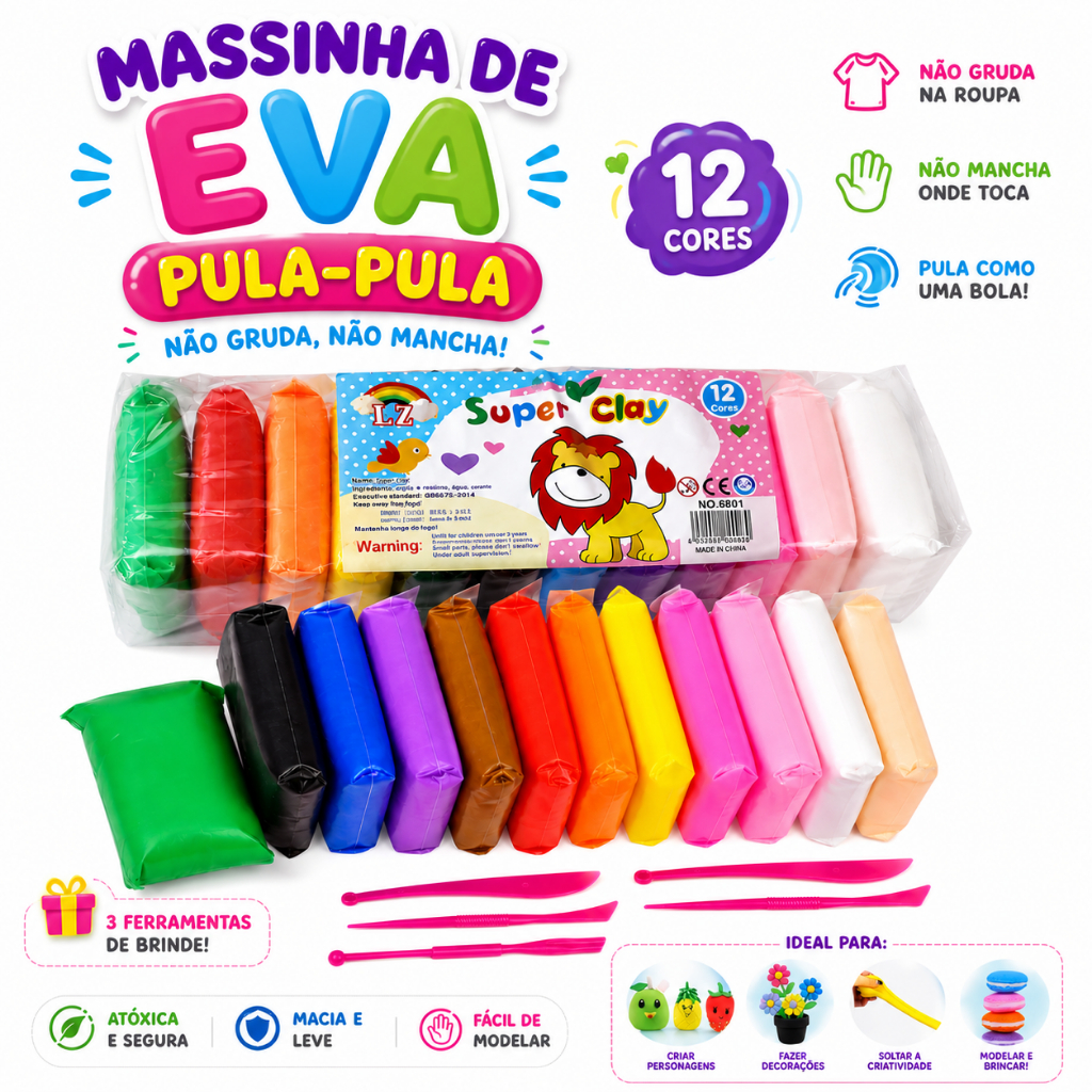 12 a 36 Massinha Argila Pula Pula de E.V.A Super Leve + 3 Ferramentas Brinde Brinquedos Educativos