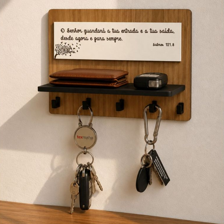 Porta Chaves Decorativo Com Prateleiras Para Oculos Carteira Cartas Contas  Mensagem Bíblica