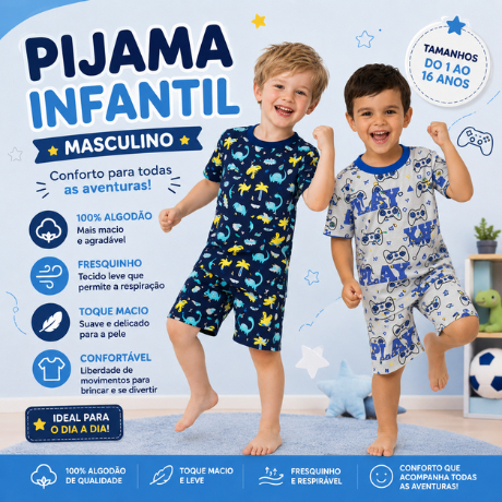 Pijama Menino Masculino Malha 100% Algodão Verão Confortável Estampado 1 ao 16 anos