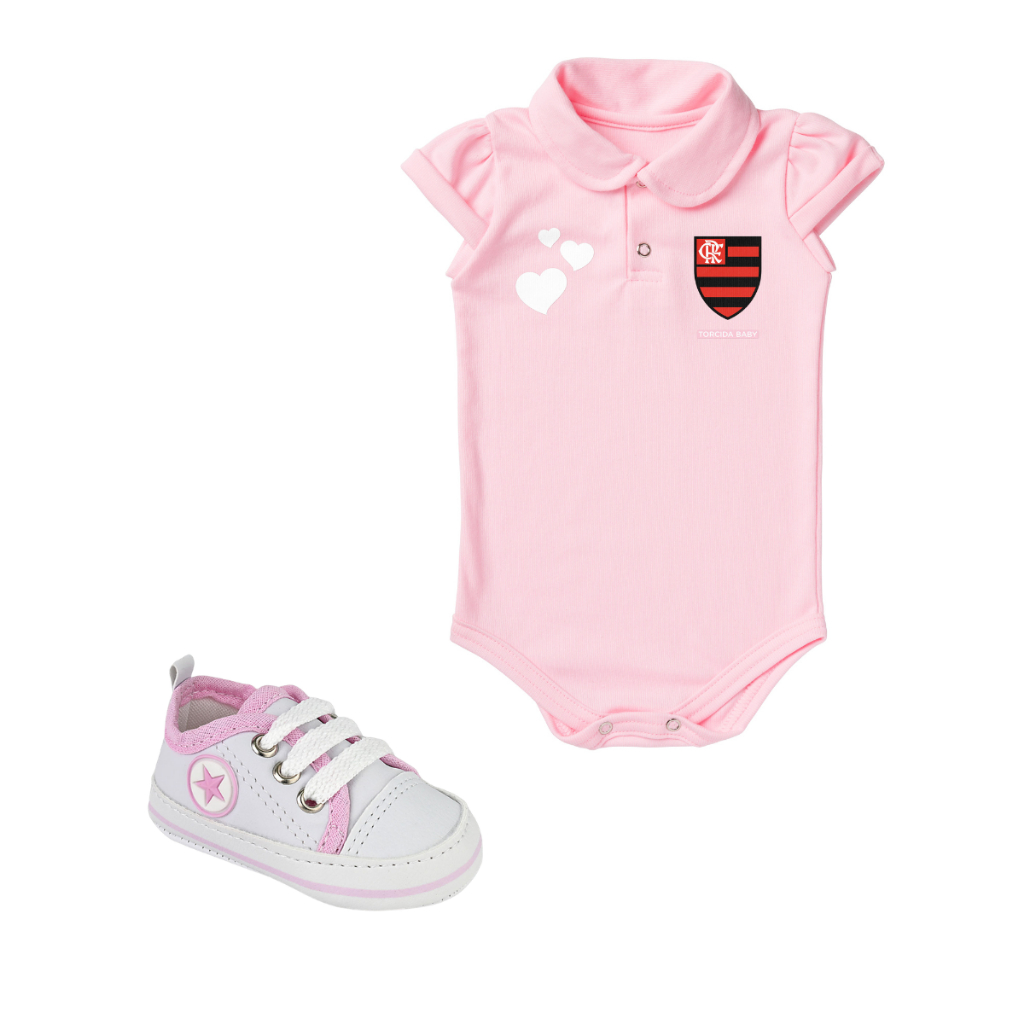 Kit 2 Peças Body Flamengo Rosa Torcida Baby Oficial e Tênis Bebe Mania 713-08