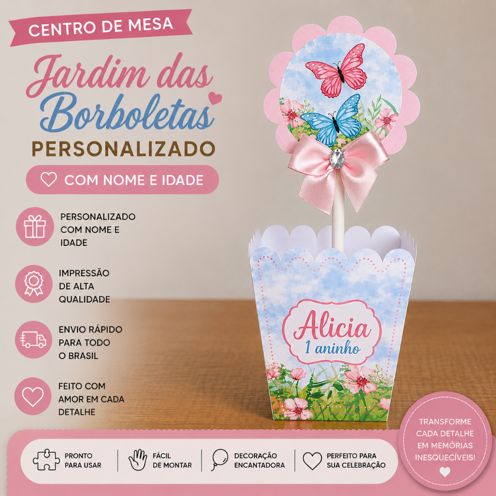 Centro de Mesa Cachepô Jardim das Borboletas PEGUE E MONTE Personalizados para Festas