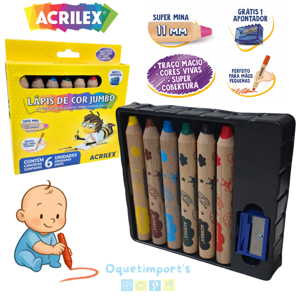 Lápis De Cor Jumbo Grosso 6 Cores Acrilex Com Apontador Ideal Para Mãozinha Infantil