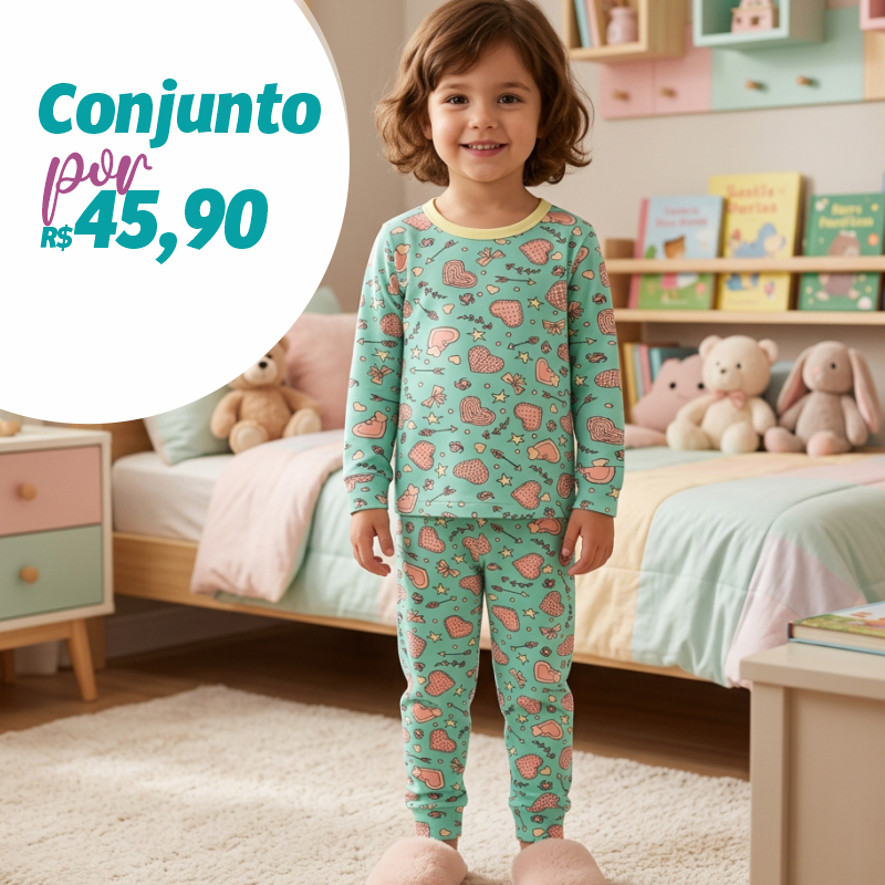 Conjunto Infantil Menina Térmico Verde Estampa Corações Inverno Poliéster Quente Confortável Blusa E Calça Peluciado