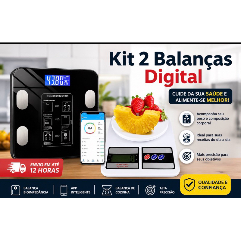 Kit 2 Balanças Digital Cozinha e Bioimpedância Para Dieta