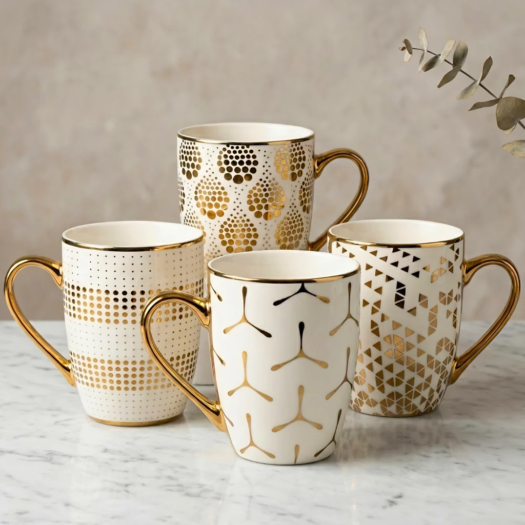 kit c/ 4 canecas com estampas, dourada, cerâmica - geométrica,  350ml, c/ alça, resistente, sortida — imagem 1