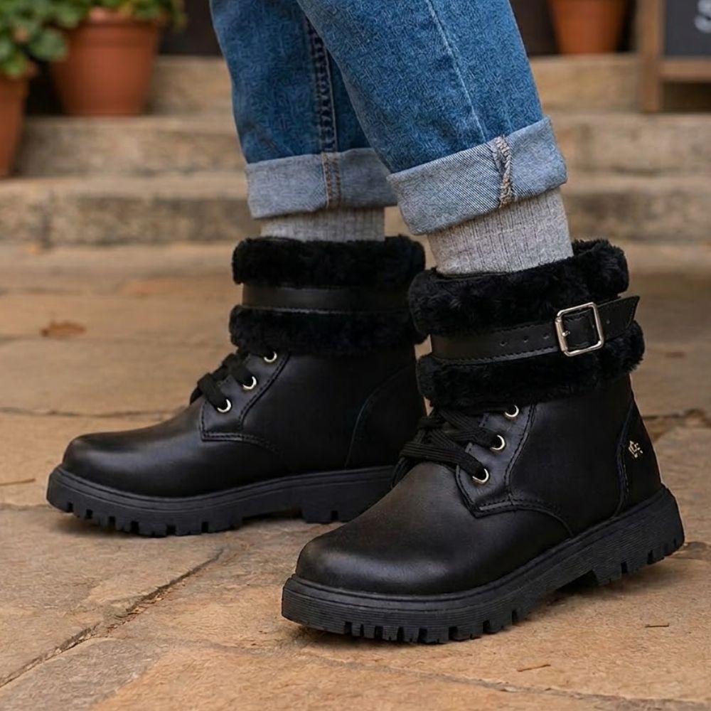Bota Coturno Infantil Feminina Tratorada Pêlos Fivela Zíper Menina Fashion