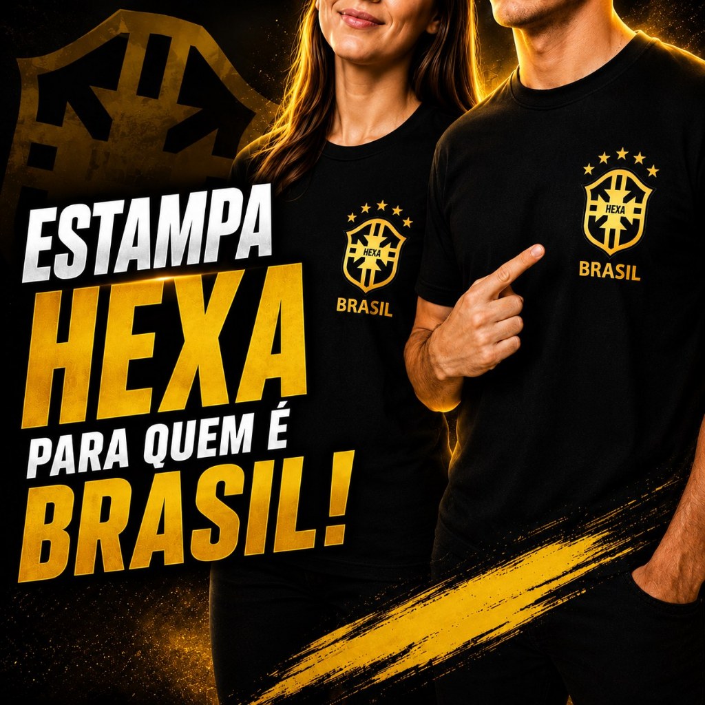Kit Casal Camisetas Hexa Brasil Preta Estampa Dourada Premium Futebol Torcida Unissex