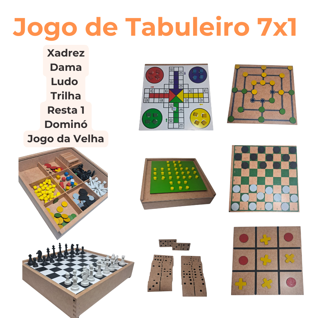 Jogo Clássico de Tabuleiro 7 em 1 Dama  Xadrez Ludo Trilha Dominó Jogo Velha Resta 1 em MDF