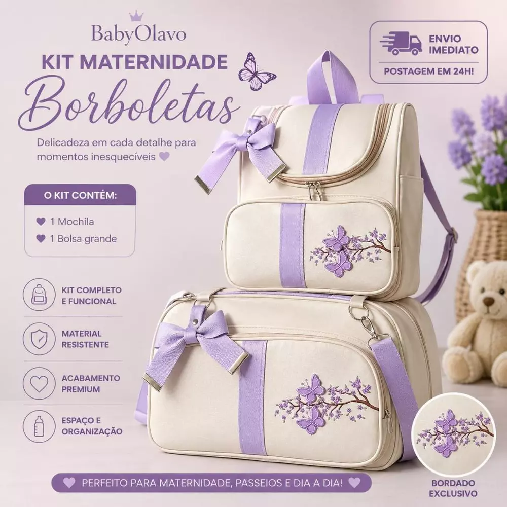 Bolsa Maternidade Kit 2 Peças Bebê Grande Impermeável Enxoval Mamãe-Lilás Galho Menina