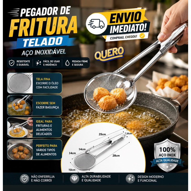 Pegador de Frituras Telado Inox 25cm com Tela Escorredor Resitente
