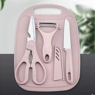 Kit De Utensílios De Cozinha 4 Peças - Faca Tesoura Descascador Tábua Culinária - Inox