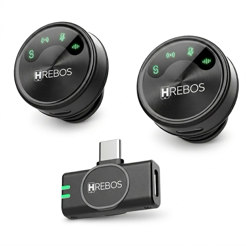 Microfone de Lapela Sem Fio Tipo Duplo Tipo-C Hrebos AirMic IF-1000C Redução de Ruído para iPhone Android TikTok Full