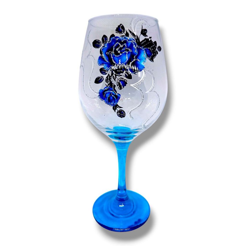 Taça Pomba Gira Flores Azuis e Branca C/ Detalhes Pratas Fundo Azul Barone 385ml - Padilha Mulambo Farrapo Dama da Noite