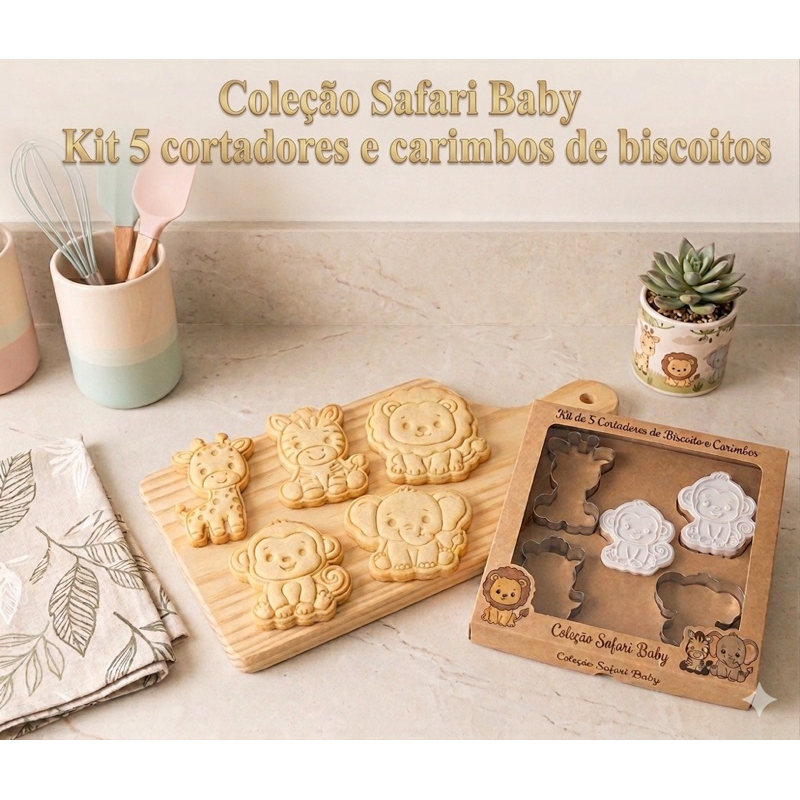 Kit 5 Cortadores e Carimbos Safari Baby para Biscoitos Decorados | Animais Safari em Impressão 3D Artesanal 🍪🦁🐘