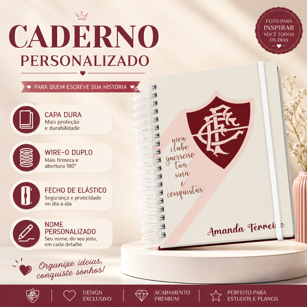 Caderno Personalizado Tricolor Fluminense Capa Dura Wire-O 22x16cm Premium 120 Folhas