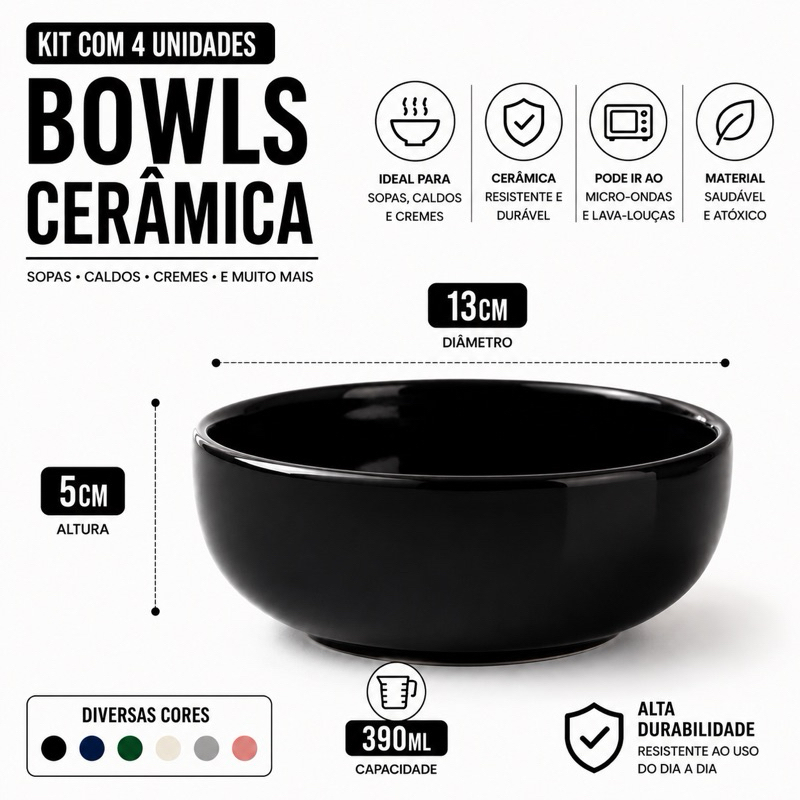 Kit 4 Cambucas Tigela Bowl 390ml Médio 13cm x 5cm para Sopas e Caldos Colorido Cerâmica Servir Mesa