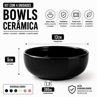 Kit 4 Cambucas Tigela Bowl 390ml Médio 13cm x 5cm para Sopas e Caldos Colorido Cerâmica Servir Mesa