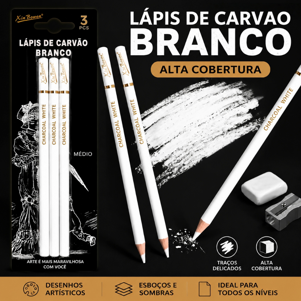 3 PCS Lápis Carvão Branco Profissional Sketch Highlight Desenho Esboço Sombreamento 004