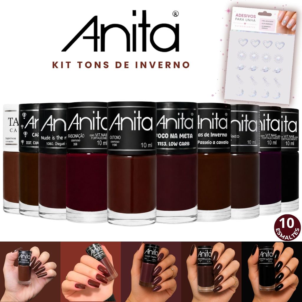 Kit Esmaltes Anita Tons Marrons, Vinho e Escuros Esmaltes Cremosos 10ml Esmaltes Atacado