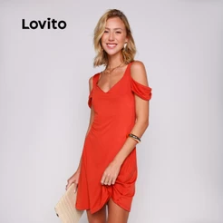 Lovito Vestido Feminino Curto Recorte Vazado nos Ombros Moda DRB18191849