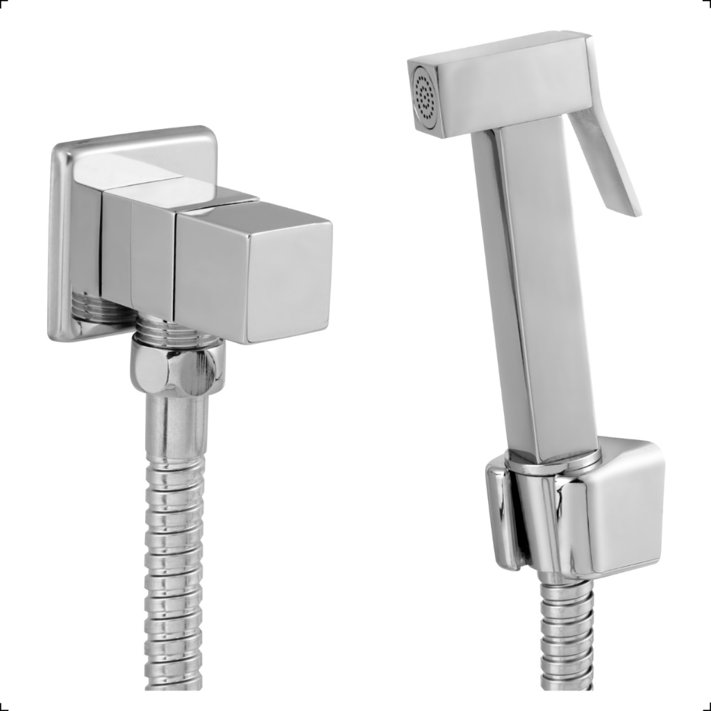 Ducha Higienica Banheiro Quadrada 100% Metal Cromado Brilhante Aço Inox Completa