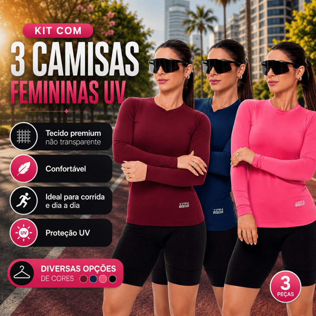 Kit 3 Camisas Blusas Femininas Manga Longa Proteção Solar Térmica Praia Verão