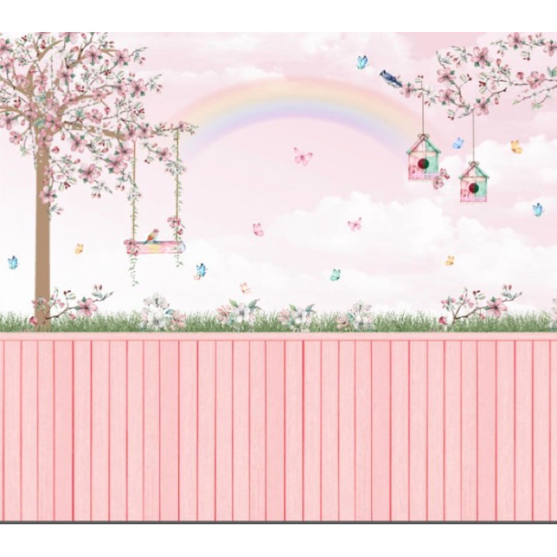 Papel de Parede Adesivo jardim encantado  – Quarto de menina, arco irís, borboletas, Autocolante.