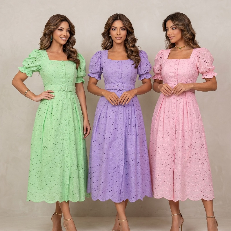 Vestido Midi Andressa Renda Laise Guipir com Cinto e Botões Festa Casamento Madrinha Manga Curta BM
