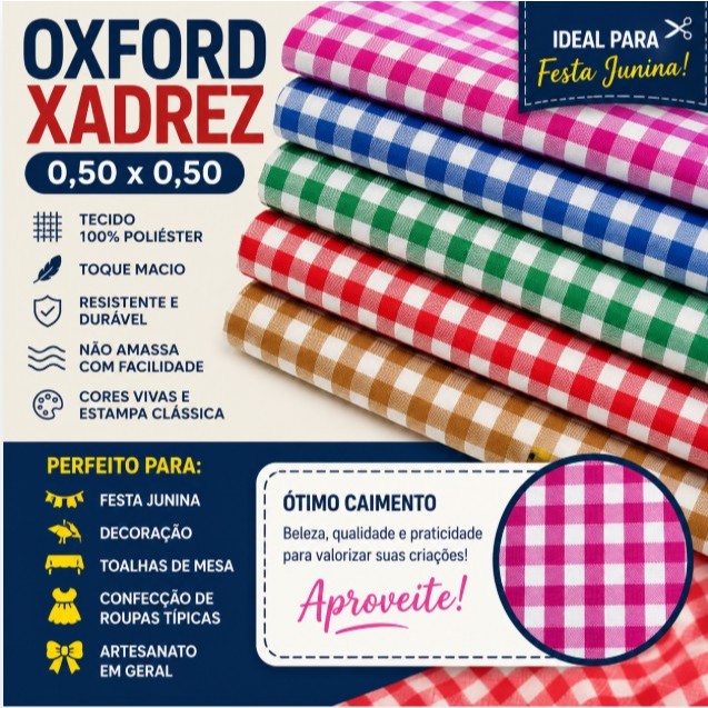 Oxford Xadrez Festa Junina Tecido Fio Tinto 1,50m Alta Qualidade tamanho do xadrez 0,50 cm x 0,50 cmcm