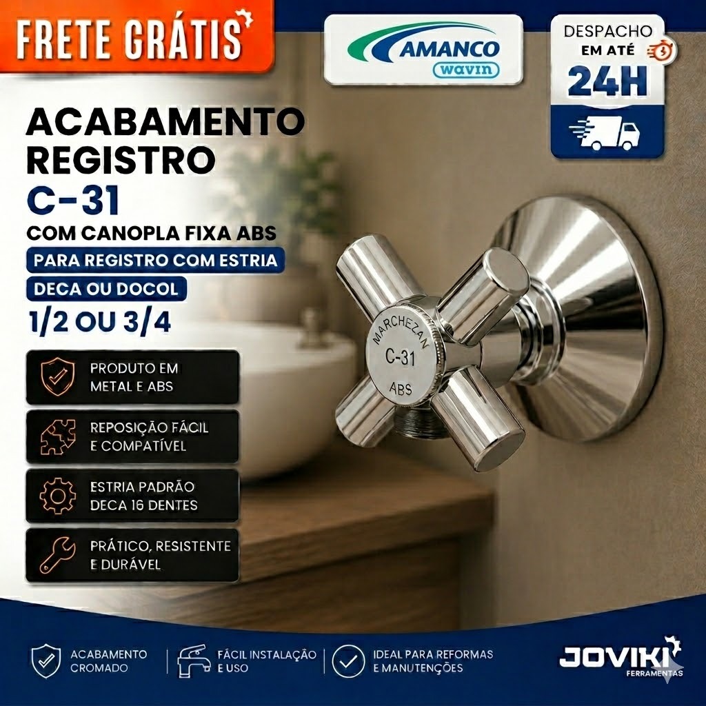 Acabamento C-31 com Canopla Fixa ABS para Registro com estria Deca ou Docol - 1/2 ou 3/4 - Marchezan