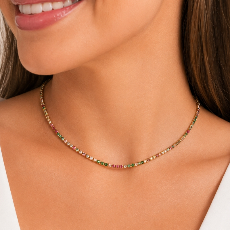 Choker Riviera Colorida Feminina com Zircônias Banhada a Ouro 18K Semijoia