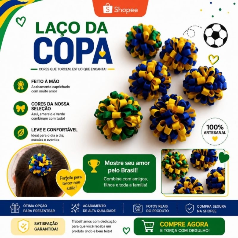 Laço Copa do mundo, presilha pompom Brasil, pompom verde e amarelo, azul e amarelo