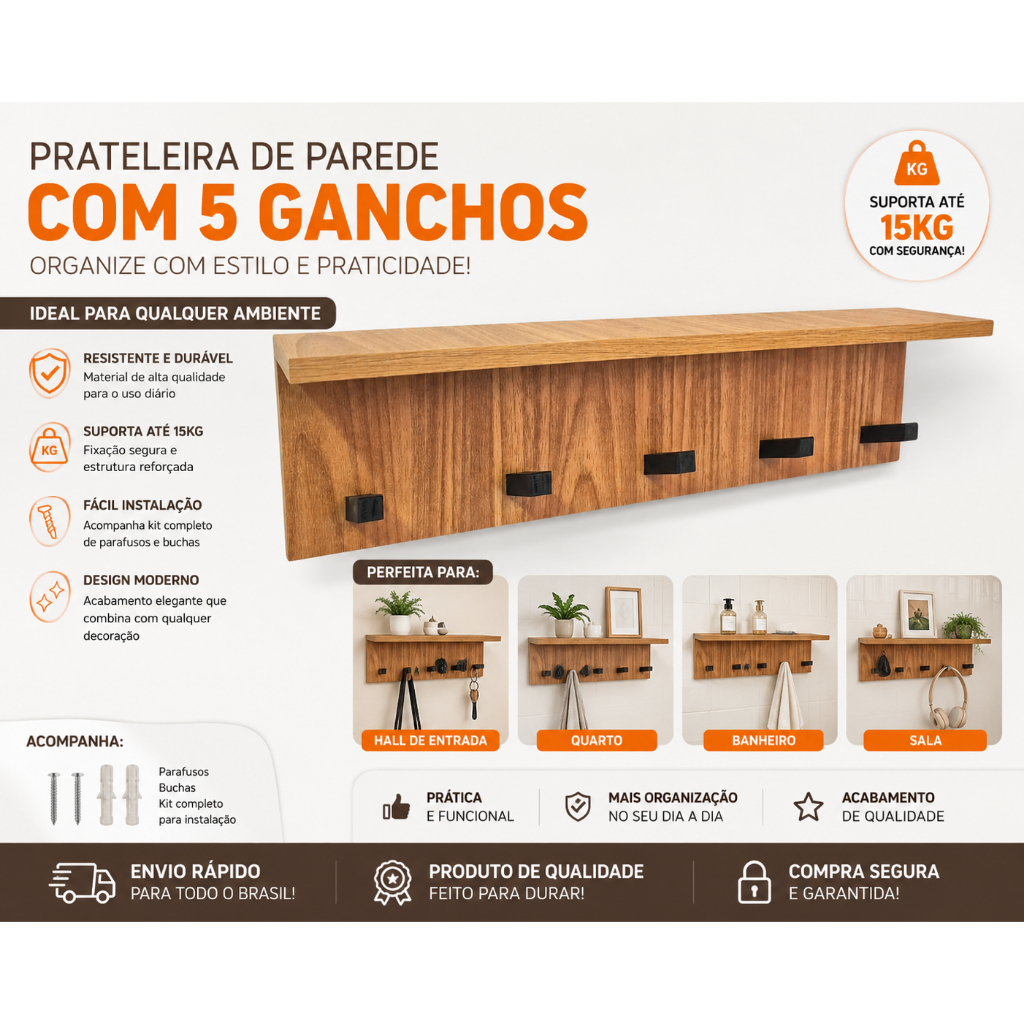 Cabideiro de Parede com Prateleira 60cm — Organizador com 5 Ganchos para Hall, Quarto e Cozinha | MDF Resistente 10kg