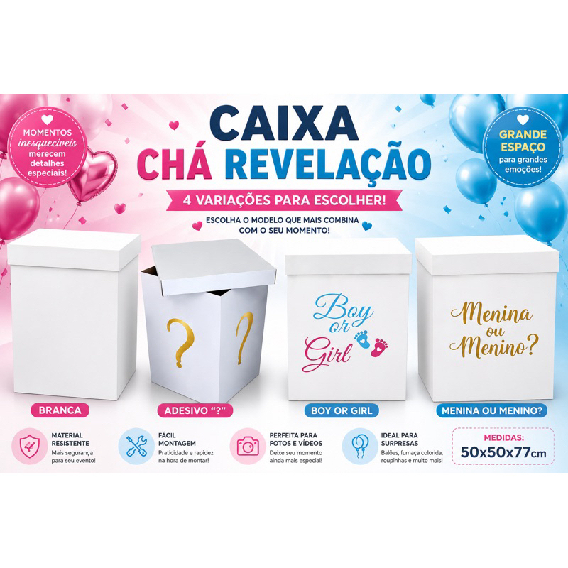 Caixa Papelão Chá Revelação Com Tampa Branca Com Dourado 77x50x50cm