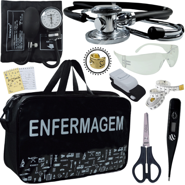 Kit De Enfermagem Estetoscopio Aparelho de Pressao Saude Termometro Garrote Oculos Torniquete