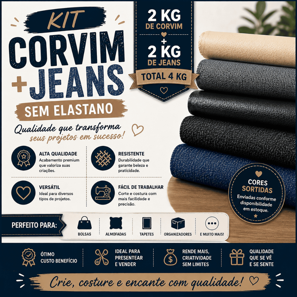 Kit 4kg base – 2kg Corvim + 2kg Jeans Sem Elastano|rendimento base p/ tapete Artesanato Patchwork