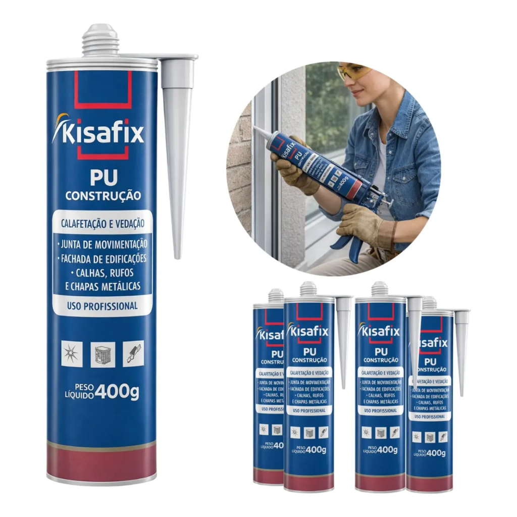 Kit 4un Selante Pu 40 Kisafix Preto 400g Adesivo Poliuretano Cola Profissional Vedação Casa Calha Rufos Chapas Metálicas